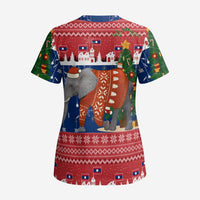 Laos Christmas Scrub Top with Festive Elephant Design and Holiday Village Pattern - Wonder Print Shop