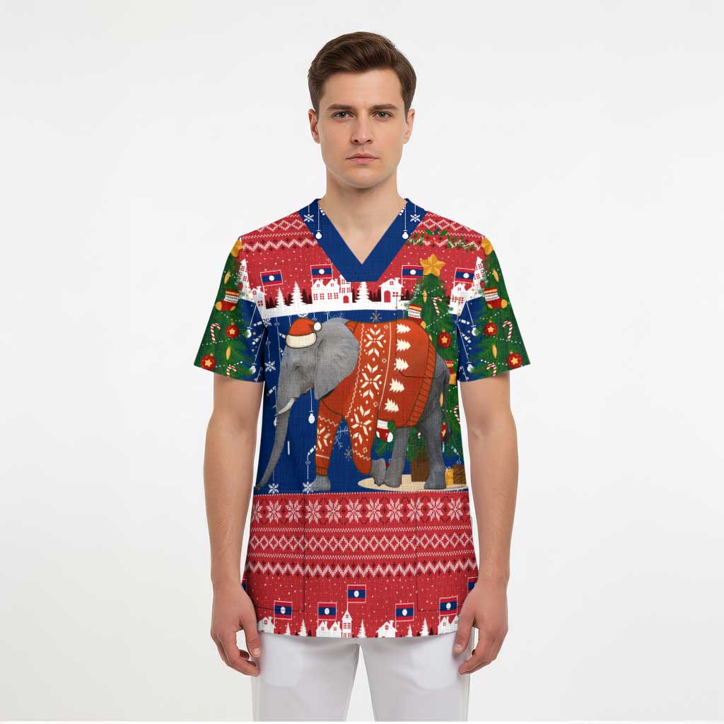 Laos Christmas Scrub Top with Festive Elephant Design and Holiday Village Pattern - Wonder Print Shop