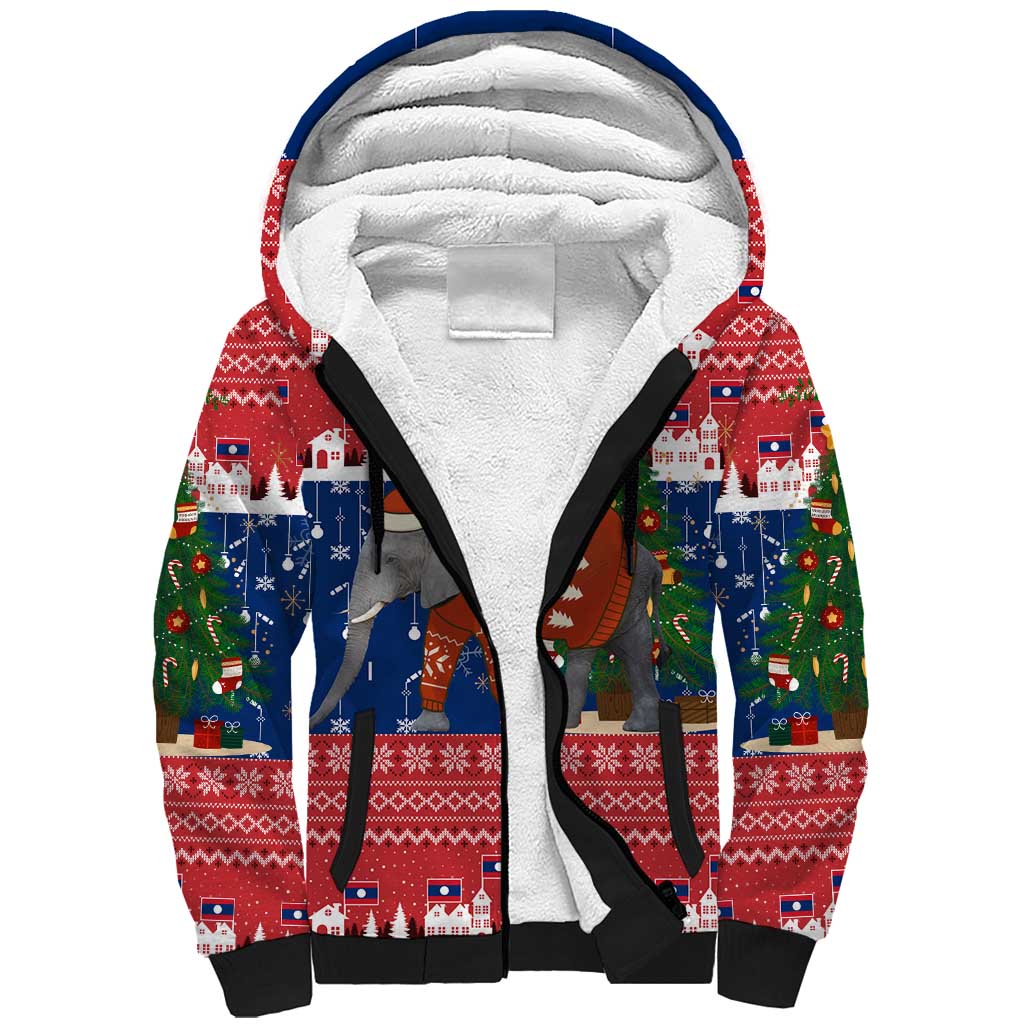 Laos Christmas Sherpa Hoodie with Festive Elephant Design and Holiday Village Pattern - Wonder Print Shop
