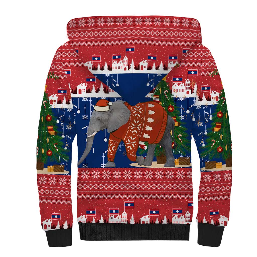 Laos Christmas Sherpa Hoodie with Festive Elephant Design and Holiday Village Pattern - Wonder Print Shop