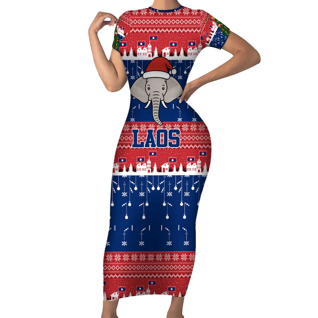 Laos Christmas Short Sleeve Bodycon Dress with Festive Elephant Design and Holiday Village Pattern - Wonder Print Shop