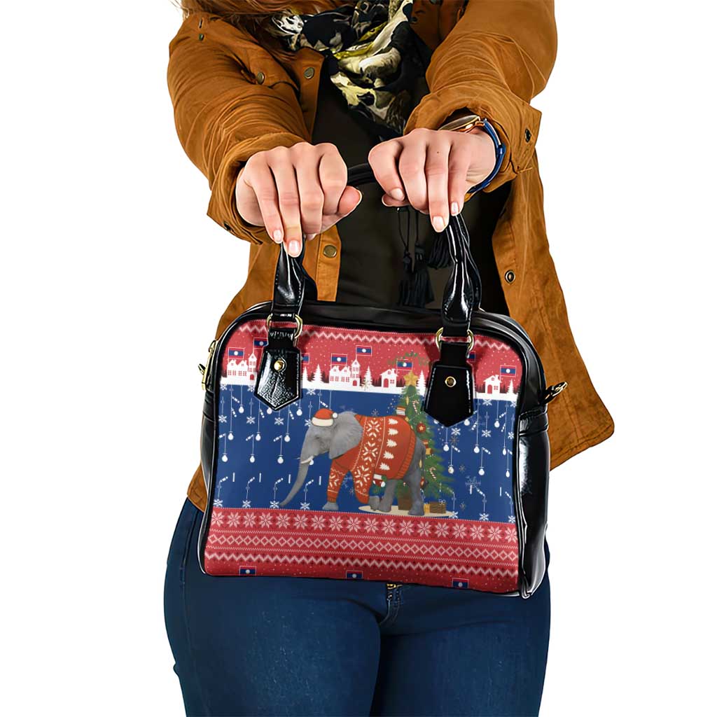 Laos Christmas Shoulder Handbag with Festive Elephant Design and Holiday Village Pattern - Wonder Print Shop