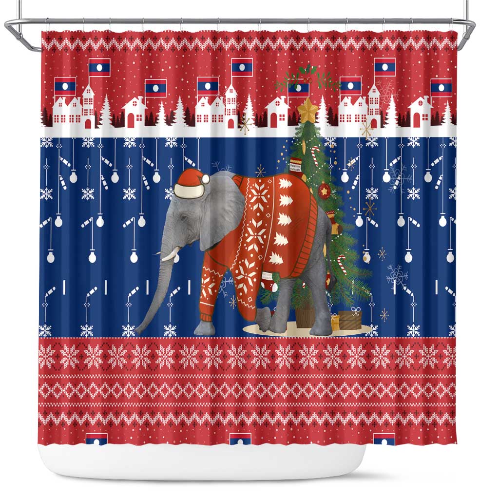 Laos Christmas Shower Curtain with Festive Elephant Design and Holiday Village Pattern - Wonder Print Shop