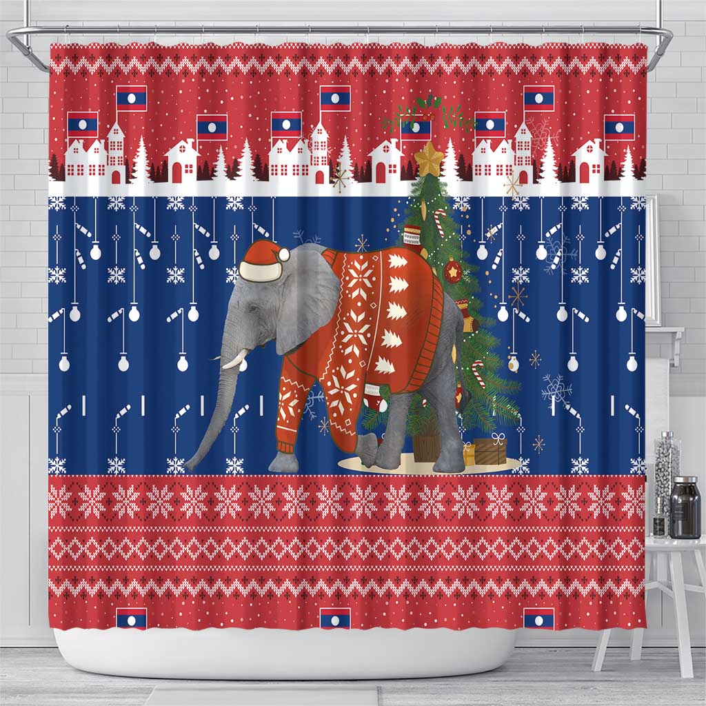 Laos Christmas Shower Curtain with Festive Elephant Design and Holiday Village Pattern - Wonder Print Shop