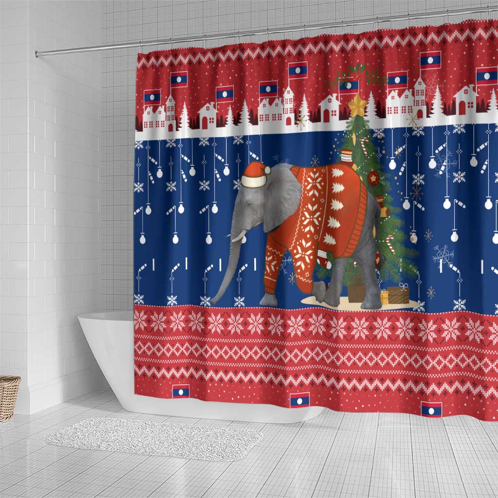 Laos Christmas Shower Curtain with Festive Elephant Design and Holiday Village Pattern - Wonder Print Shop
