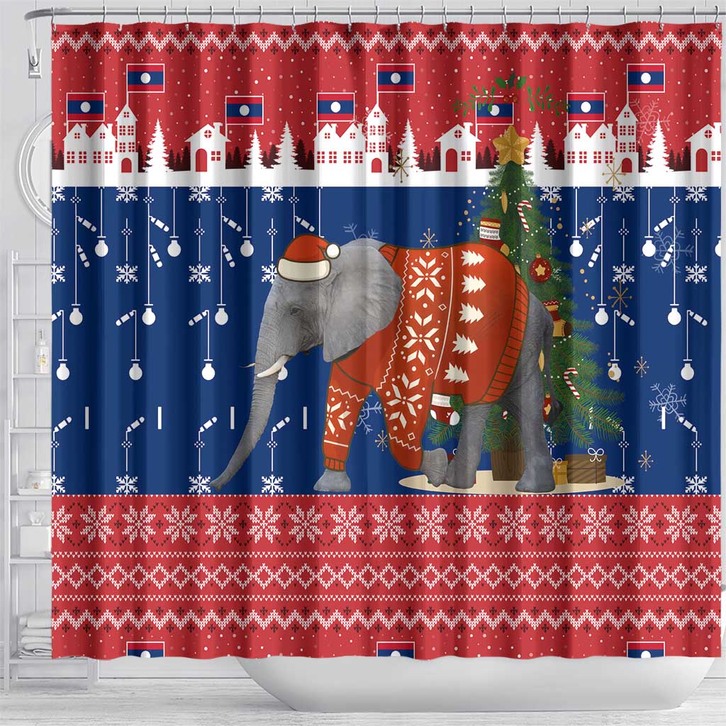 Laos Christmas Shower Curtain with Festive Elephant Design and Holiday Village Pattern - Wonder Print Shop
