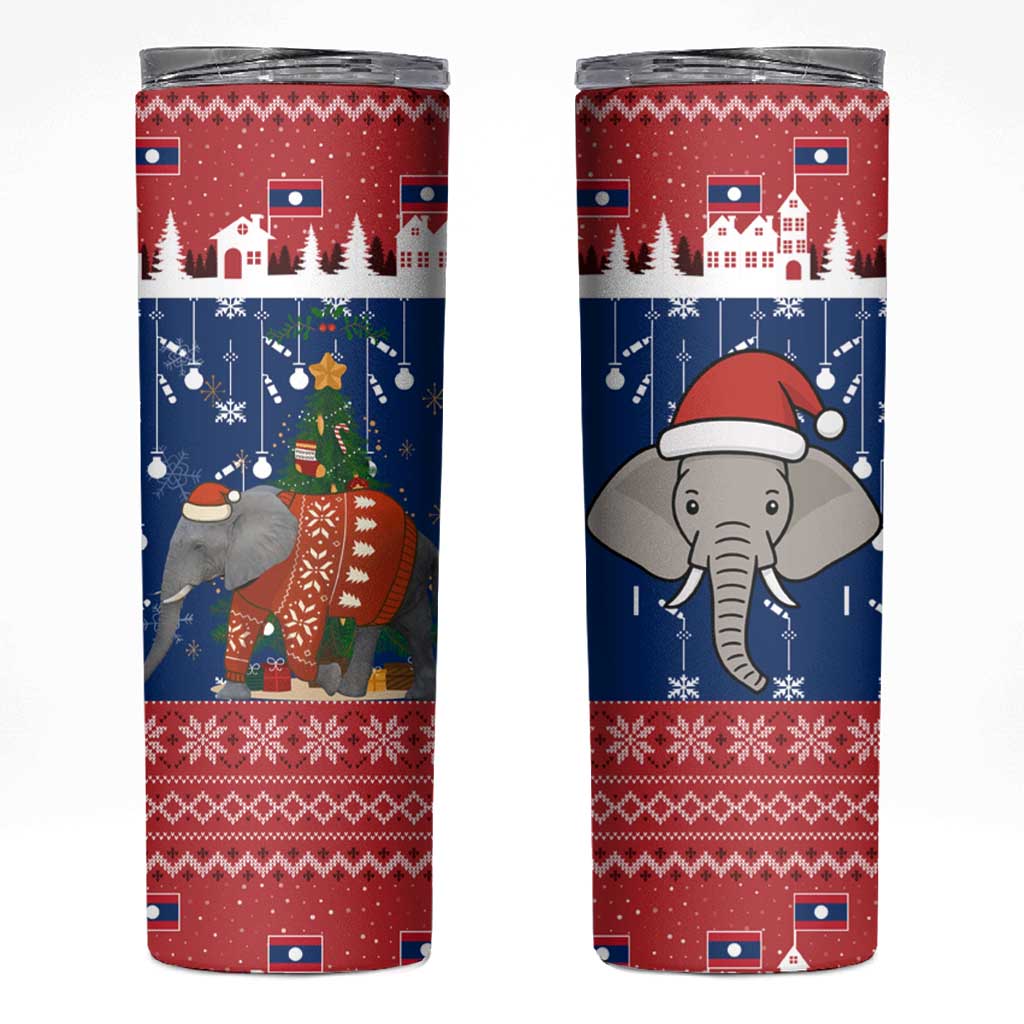 Laos Christmas Skinny Tumbler with Festive Elephant Design and Holiday Village Pattern - Wonder Print Shop