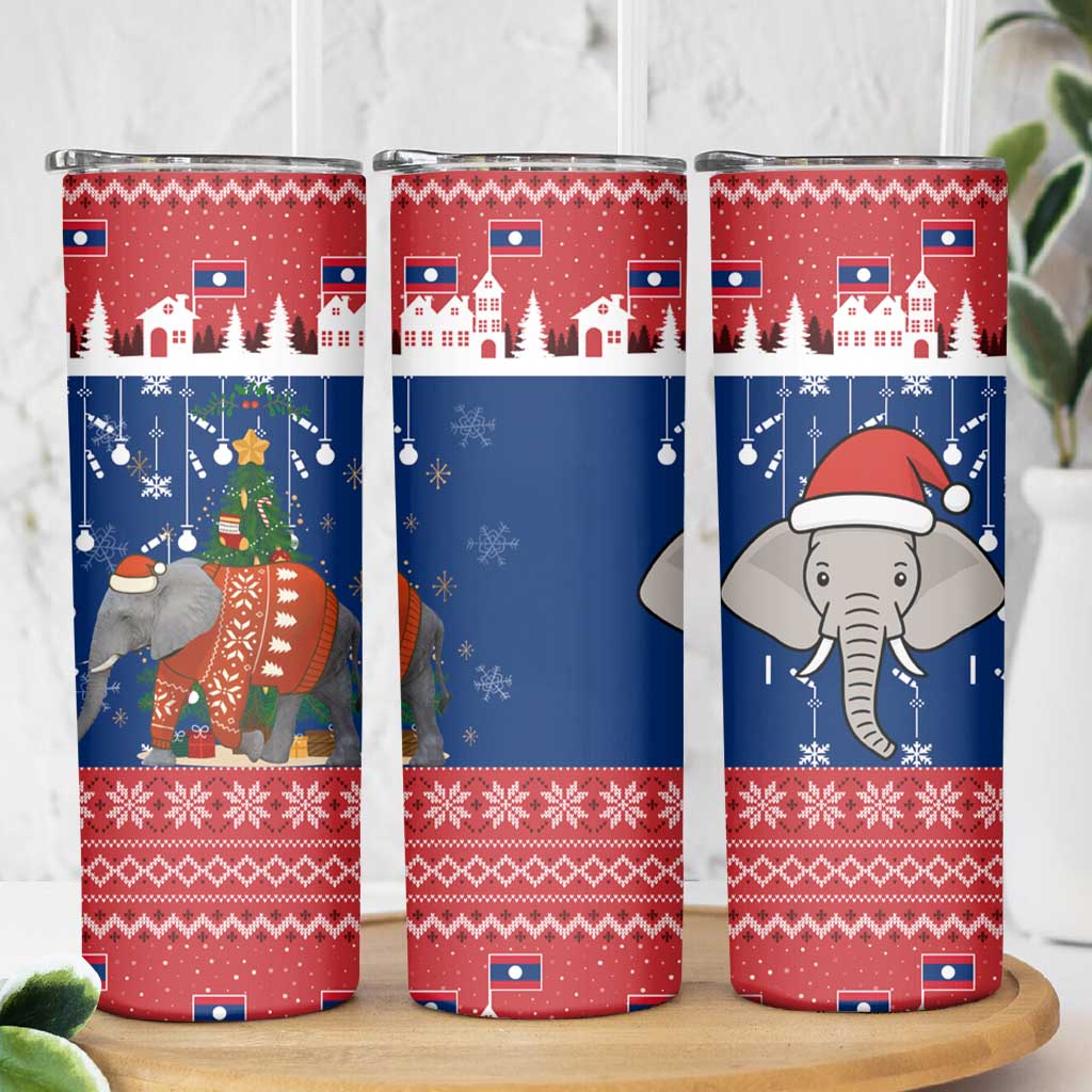 Laos Christmas Skinny Tumbler with Festive Elephant Design and Holiday Village Pattern - Wonder Print Shop