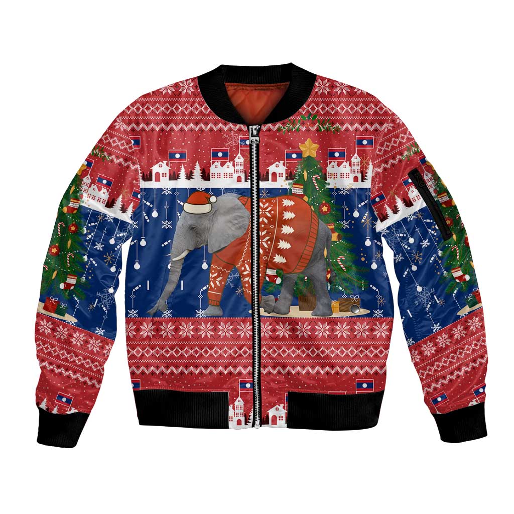 Laos Christmas Sleeve Zip Bomber Jacket with Festive Elephant Design and Holiday Village Pattern - Wonder Print Shop