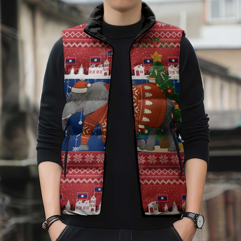 Laos Christmas Sleeveless Puffer Jacket with Festive Elephant Design and Holiday Village Pattern - Wonder Print Shop