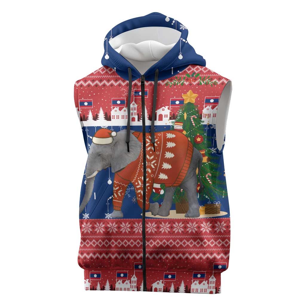 Laos Christmas Sleeveless Zip Hoodie with Festive Elephant Design and Holiday Village Pattern - Wonder Print Shop