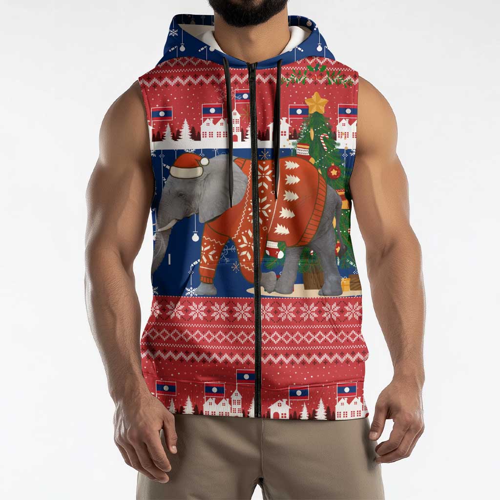 Laos Christmas Sleeveless Zip Hoodie with Festive Elephant Design and Holiday Village Pattern - Wonder Print Shop