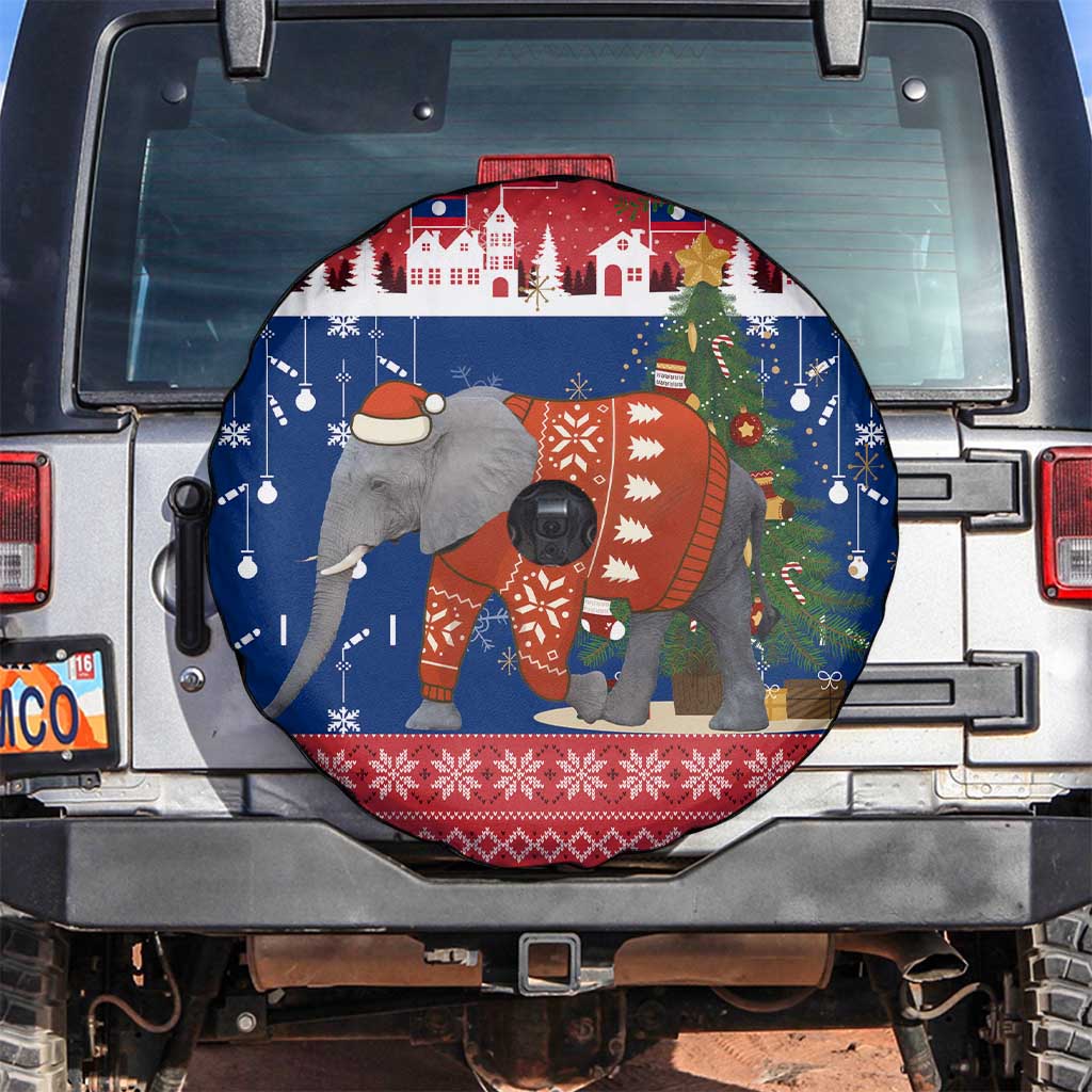 Laos Christmas Spare Tire Cover with Festive Elephant Design and Holiday Village Pattern - Wonder Print Shop