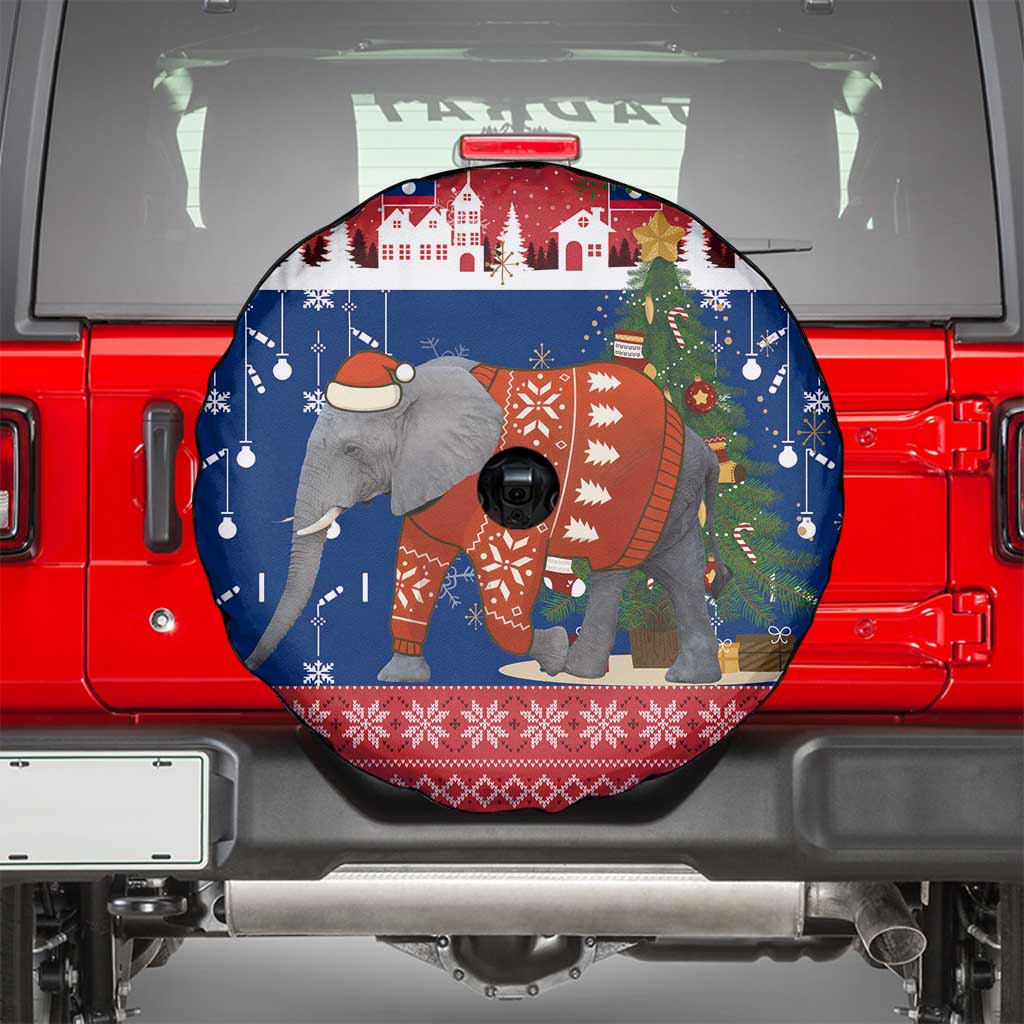 Laos Christmas Spare Tire Cover with Festive Elephant Design and Holiday Village Pattern - Wonder Print Shop