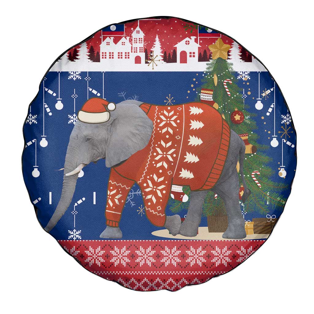 Laos Christmas Spare Tire Cover with Festive Elephant Design and Holiday Village Pattern - Wonder Print Shop