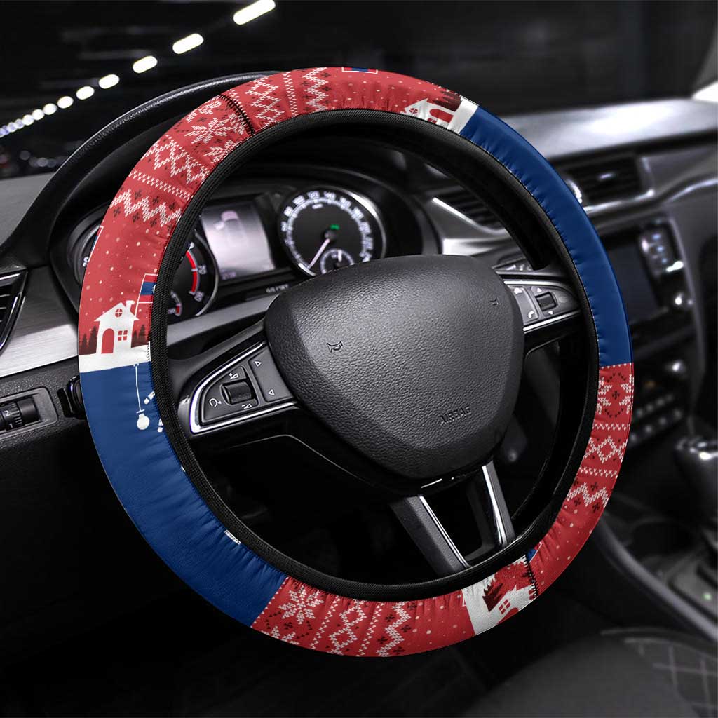 Laos Christmas Steering Wheel Cover with Festive Elephant Design and Holiday Village Pattern - Wonder Print Shop
