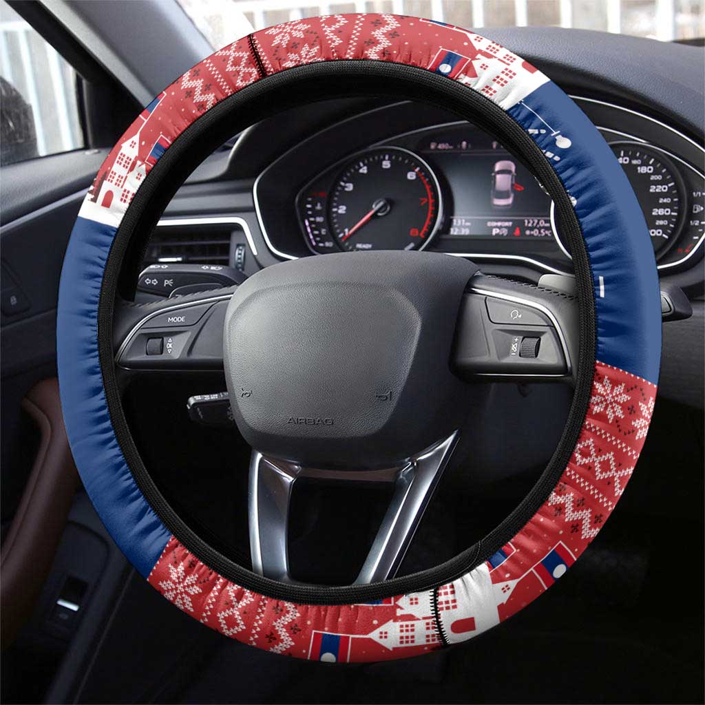 Laos Christmas Steering Wheel Cover with Festive Elephant Design and Holiday Village Pattern - Wonder Print Shop