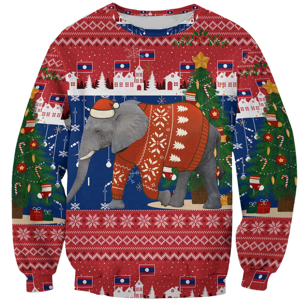 Laos Christmas Sweatshirt with Festive Elephant Design and Holiday Village Pattern - Wonder Print Shop