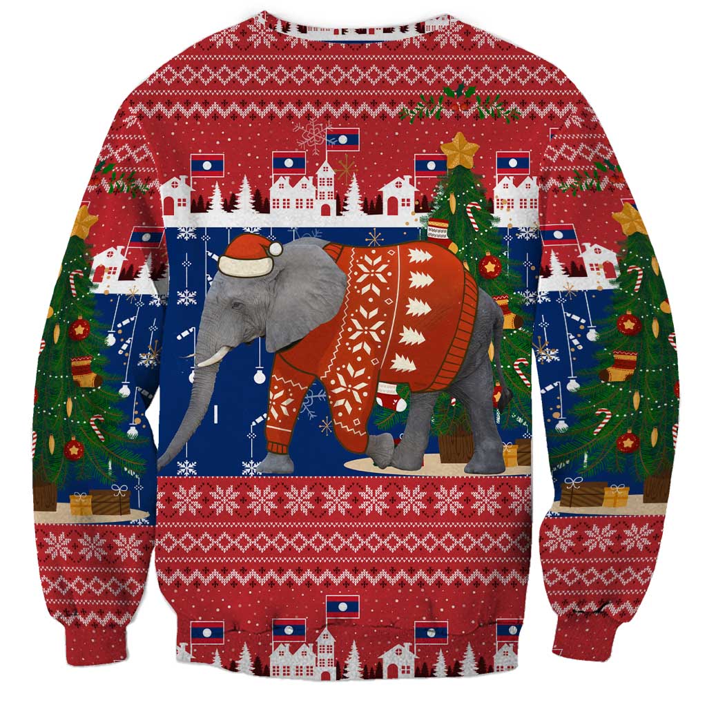Laos Christmas Sweatshirt with Festive Elephant Design and Holiday Village Pattern - Wonder Print Shop