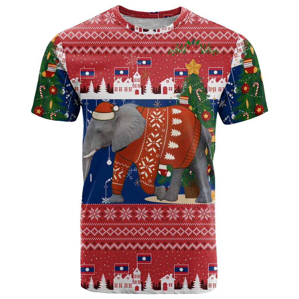 Laos Christmas T Shirt with Festive Elephant Design and Holiday Village Pattern - Wonder Print Shop