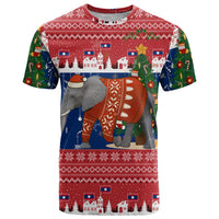 Laos Christmas T Shirt with Festive Elephant Design and Holiday Village Pattern - Wonder Print Shop