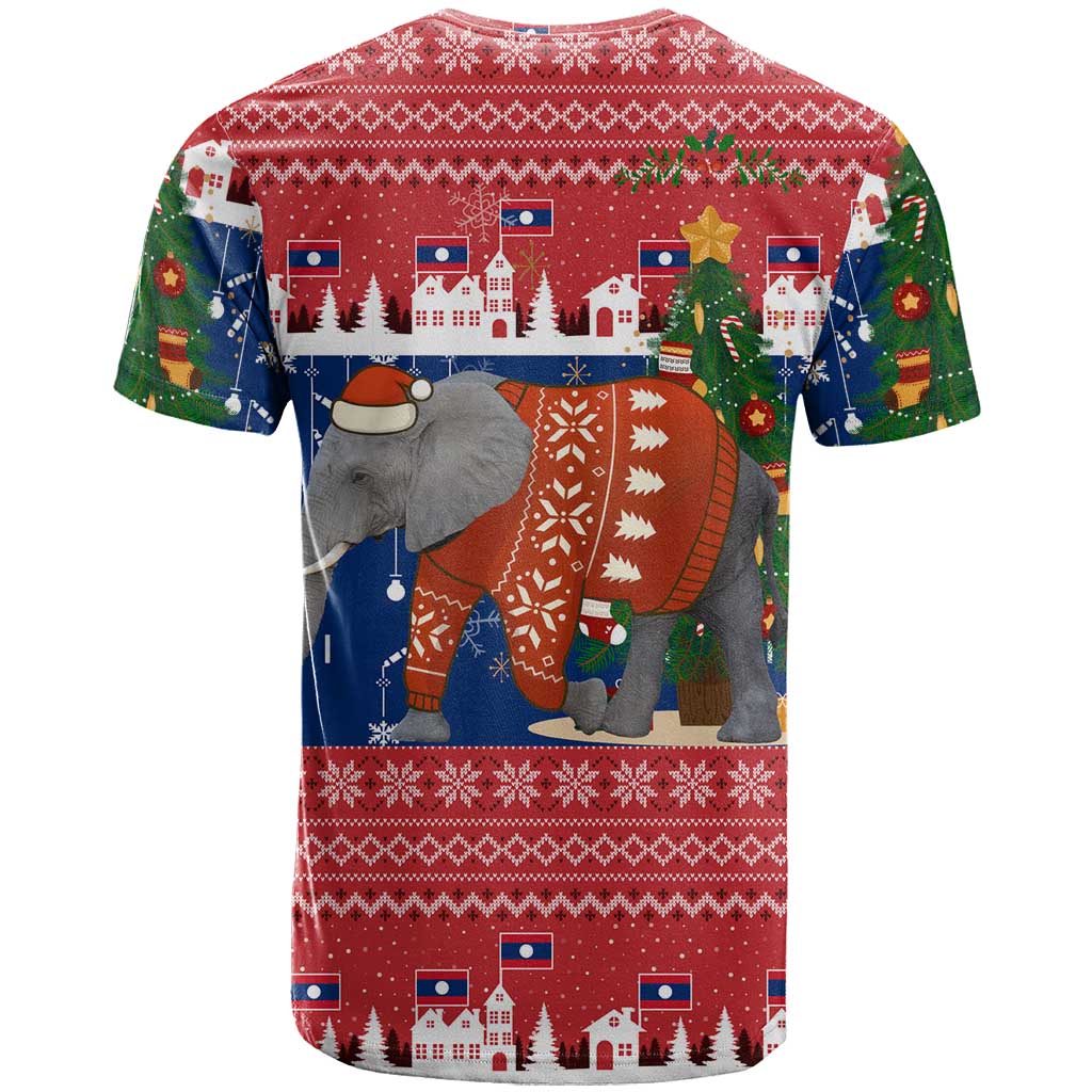 Laos Christmas T Shirt with Festive Elephant Design and Holiday Village Pattern - Wonder Print Shop