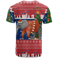 Laos Christmas T Shirt with Festive Elephant Design and Holiday Village Pattern - Wonder Print Shop
