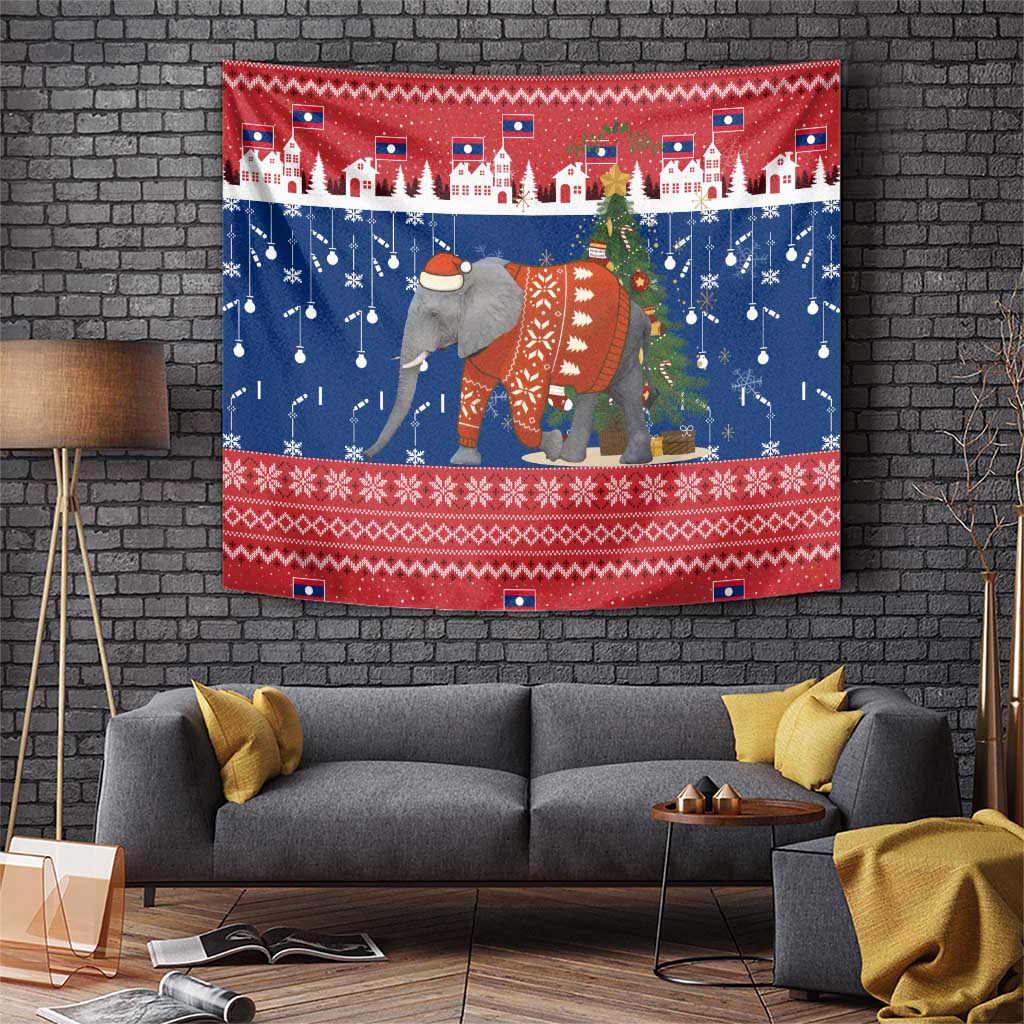 Laos Christmas Tapestry with Festive Elephant Design and Holiday Village Pattern - Wonder Print Shop