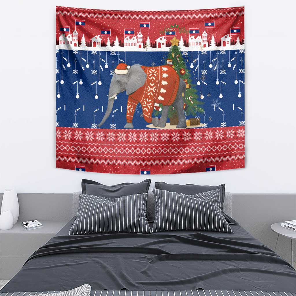 Laos Christmas Tapestry with Festive Elephant Design and Holiday Village Pattern - Wonder Print Shop