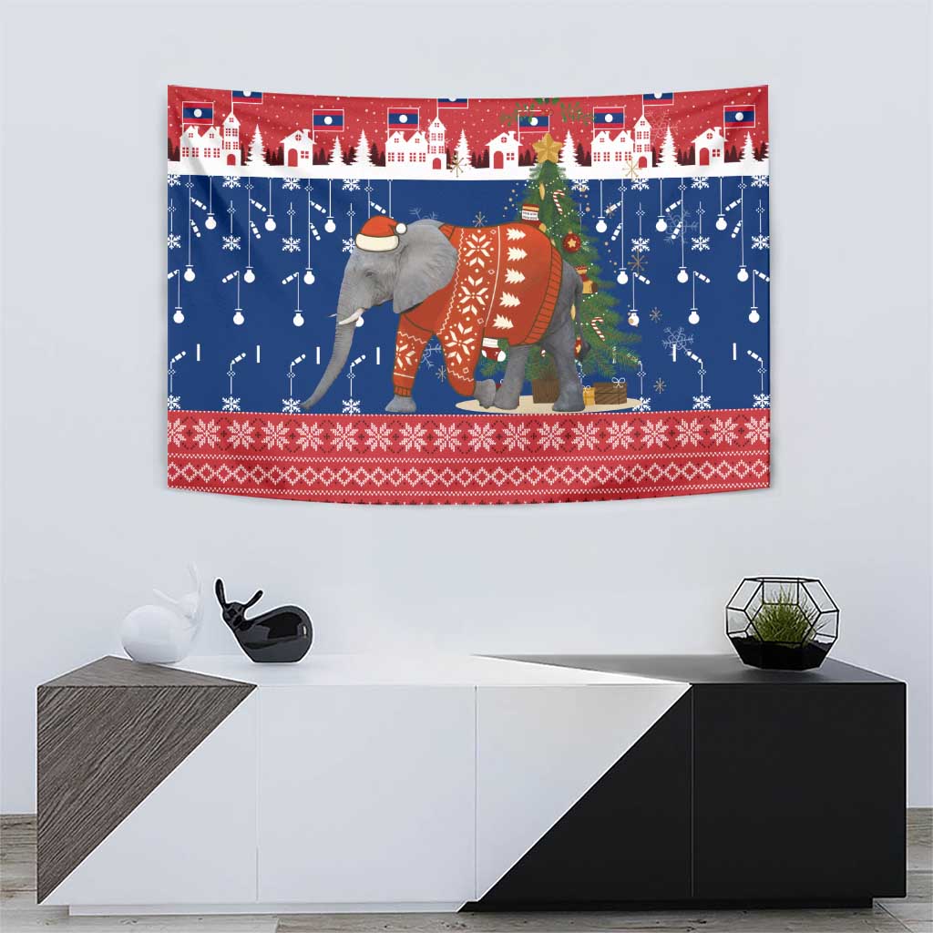 Laos Christmas Tapestry with Festive Elephant Design and Holiday Village Pattern - Wonder Print Shop