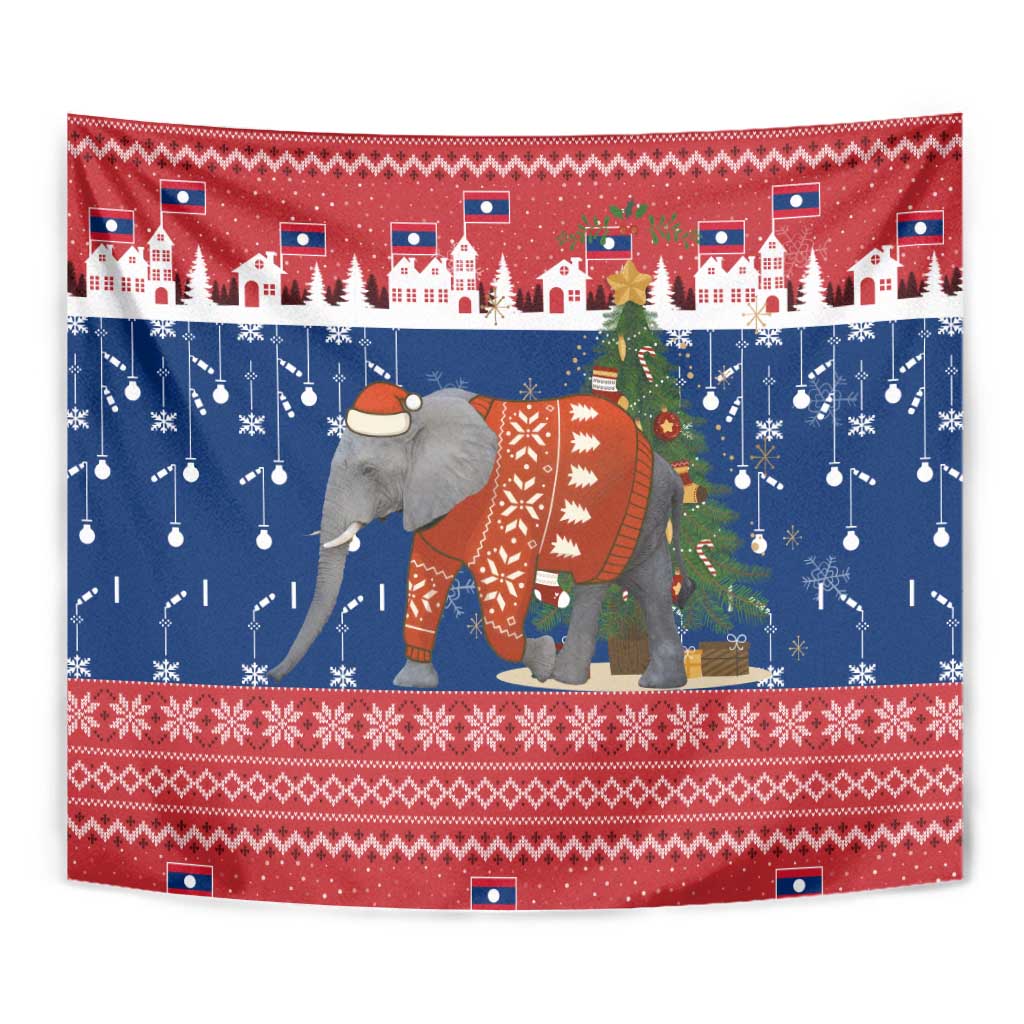 Laos Christmas Tapestry with Festive Elephant Design and Holiday Village Pattern - Wonder Print Shop