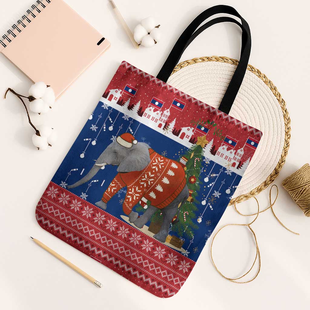 Laos Christmas Tote Bag with Festive Elephant Design and Holiday Village Pattern - Wonder Print Shop