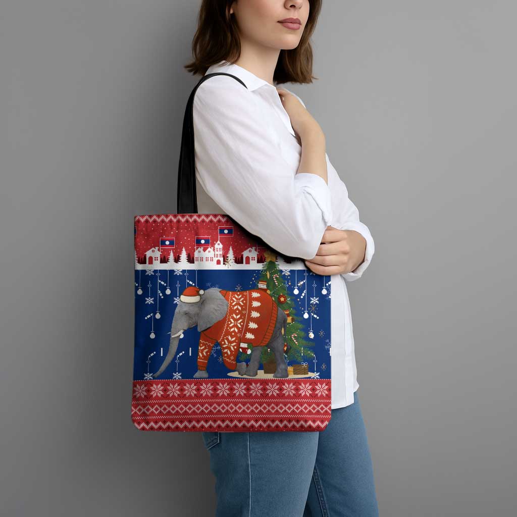 Laos Christmas Tote Bag with Festive Elephant Design and Holiday Village Pattern - Wonder Print Shop