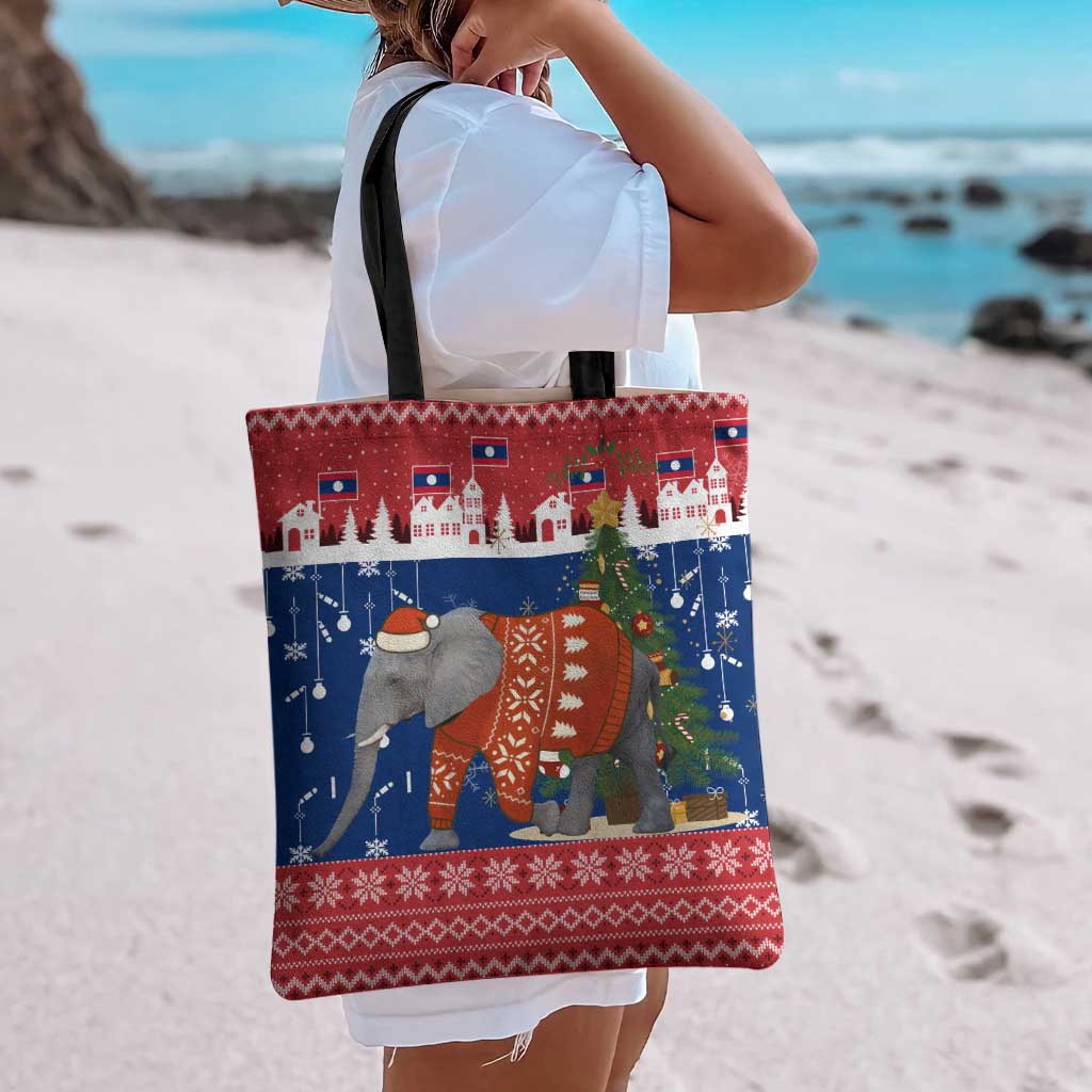 Laos Christmas Tote Bag with Festive Elephant Design and Holiday Village Pattern - Wonder Print Shop