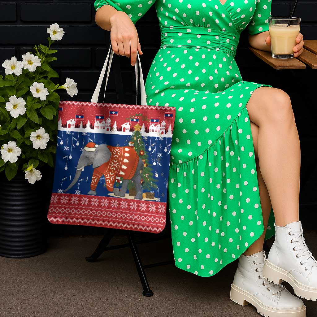 Laos Christmas Tote Bag with Festive Elephant Design and Holiday Village Pattern - Wonder Print Shop