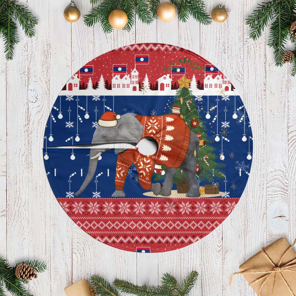 Laos Christmas Tree Skirt with Festive Elephant Design and Holiday Village Pattern - Wonder Print Shop