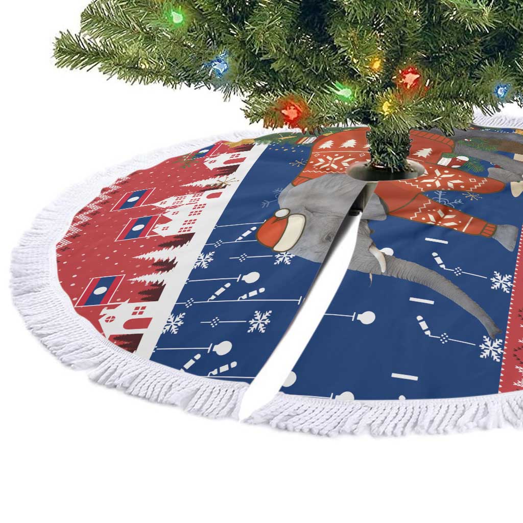 Laos Christmas Tree Skirt with Festive Elephant Design and Holiday Village Pattern - Wonder Print Shop