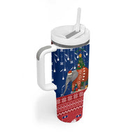 Laos Christmas Tumbler With Handle with Festive Elephant Design and Holiday Village Pattern - Wonder Print Shop