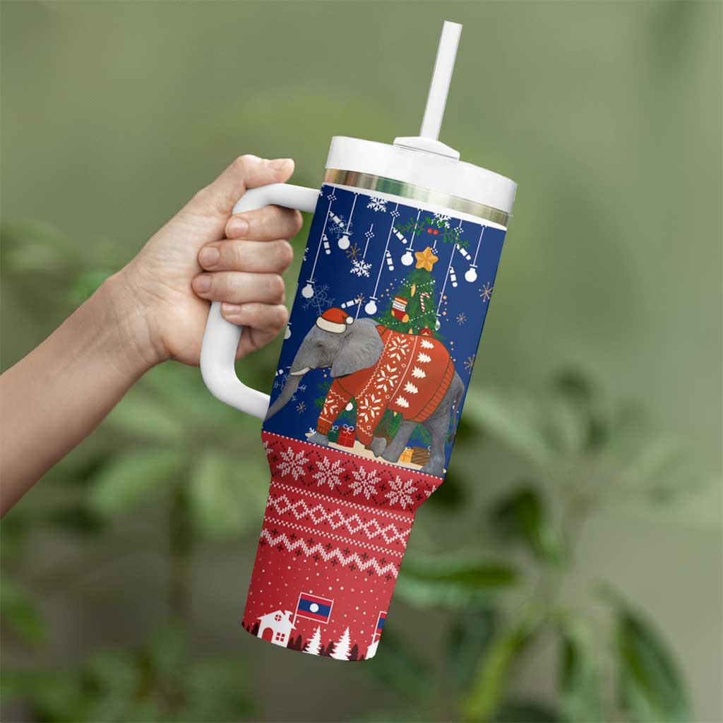 Laos Christmas Tumbler With Handle with Festive Elephant Design and Holiday Village Pattern - Wonder Print Shop
