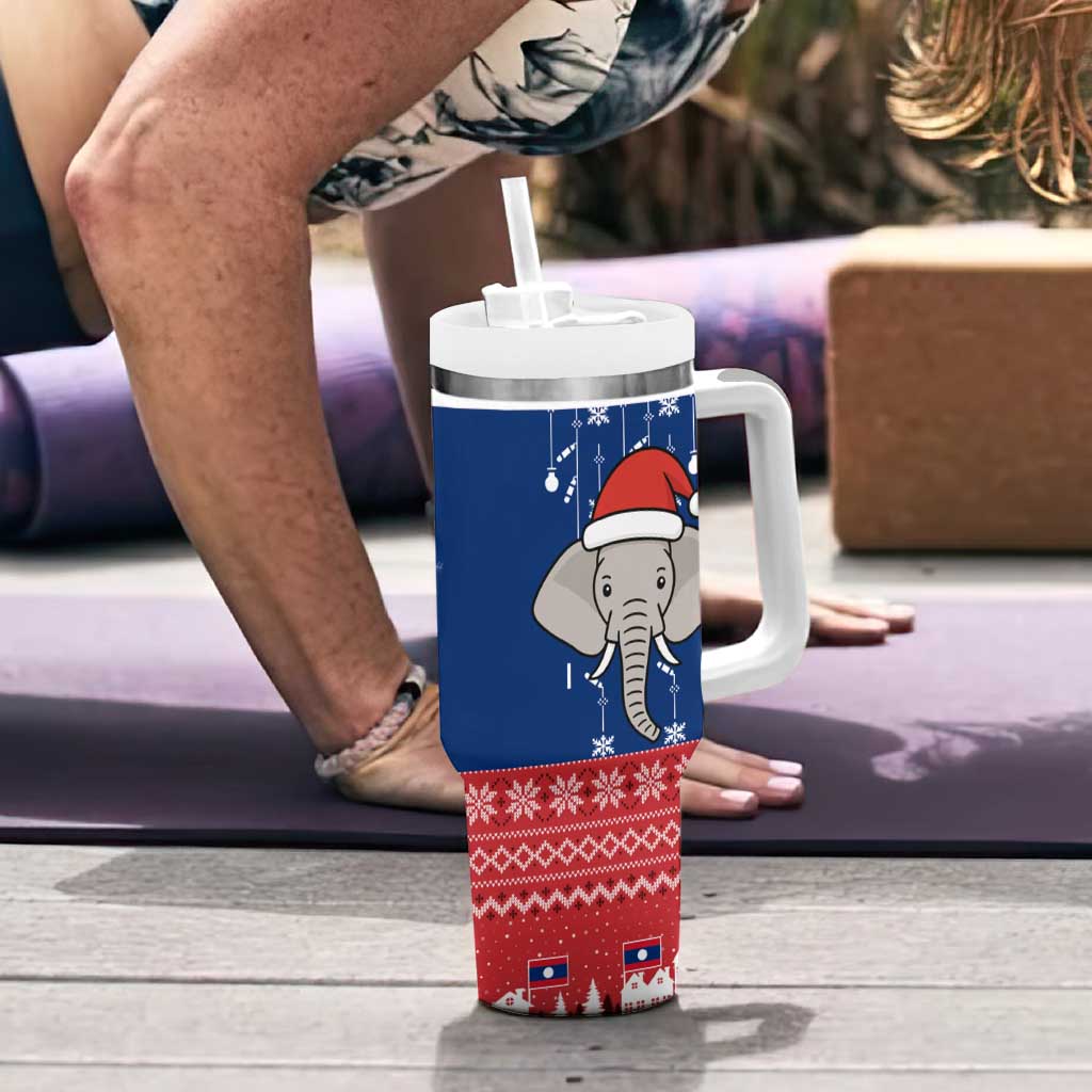 Laos Christmas Tumbler With Handle with Festive Elephant Design and Holiday Village Pattern - Wonder Print Shop