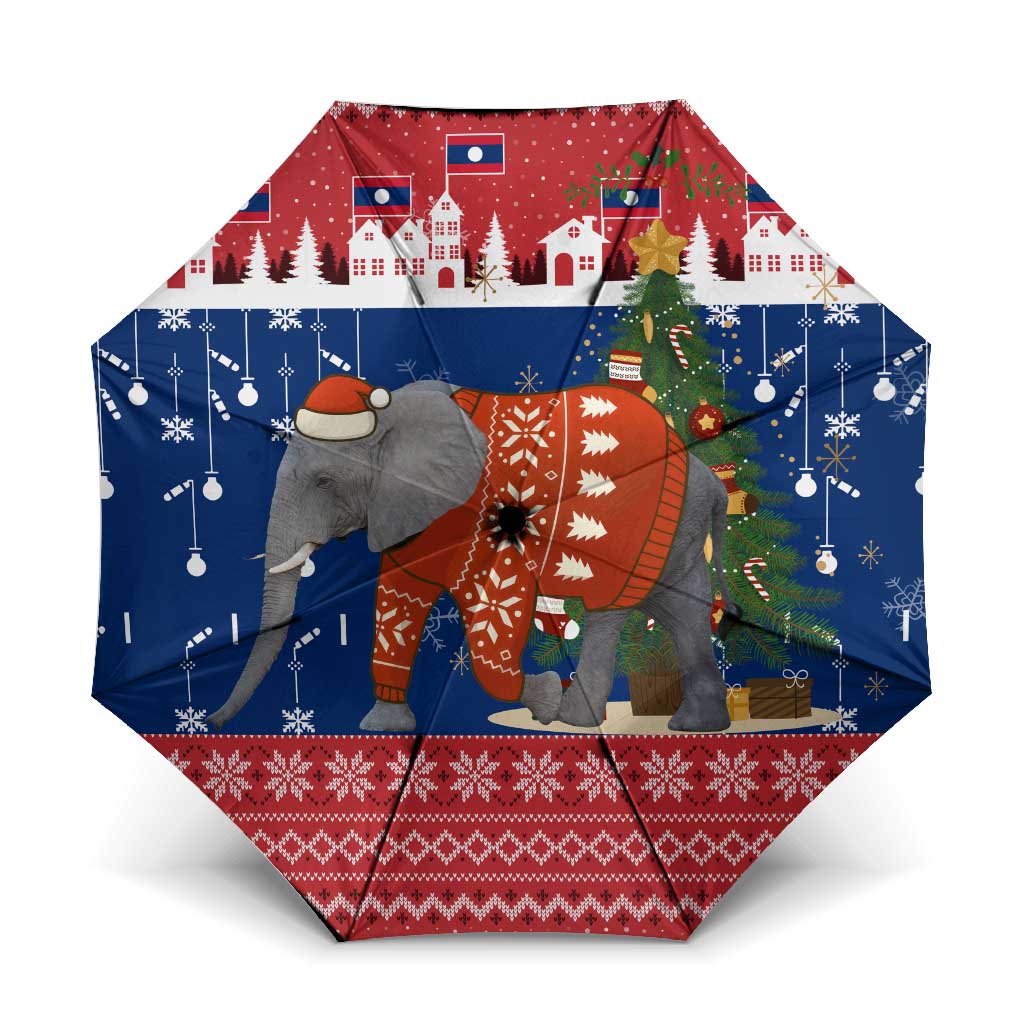 Laos Christmas Umbrella with Festive Elephant Design and Holiday Village Pattern - Wonder Print Shop