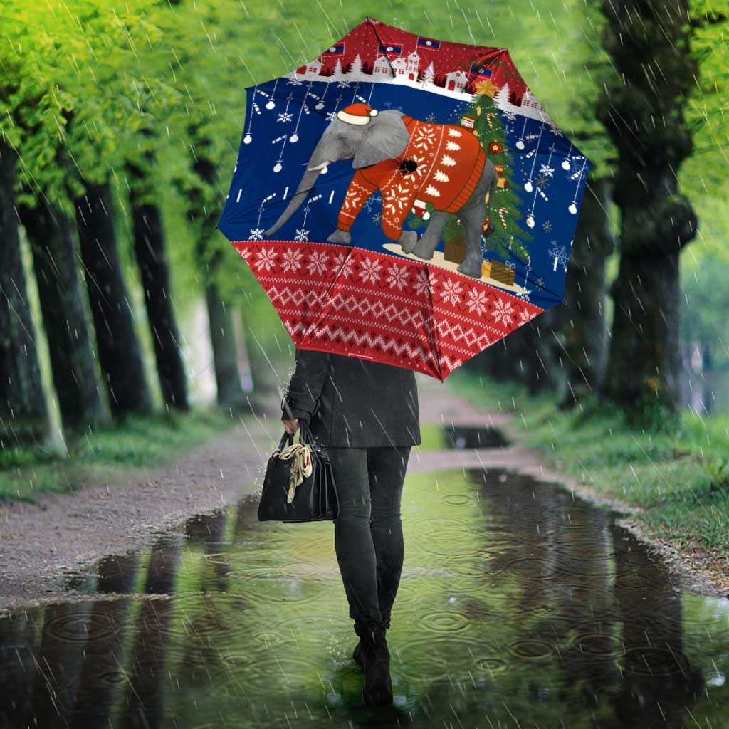 Laos Christmas Umbrella with Festive Elephant Design and Holiday Village Pattern - Wonder Print Shop