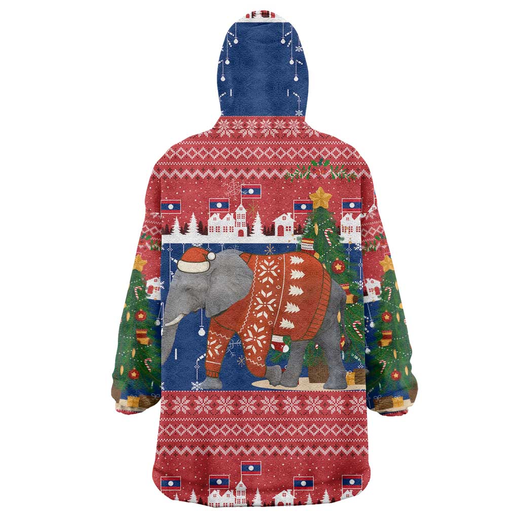Laos Christmas Wearable Blanket Hoodie with Festive Elephant Design and Holiday Village Pattern - Wonder Print Shop