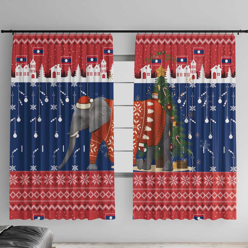 Laos Christmas Window Curtain with Festive Elephant Design and Holiday Village Pattern - Wonder Print Shop