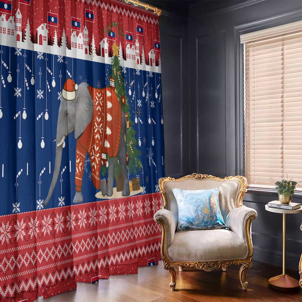 Laos Christmas Window Curtain with Festive Elephant Design and Holiday Village Pattern - Wonder Print Shop