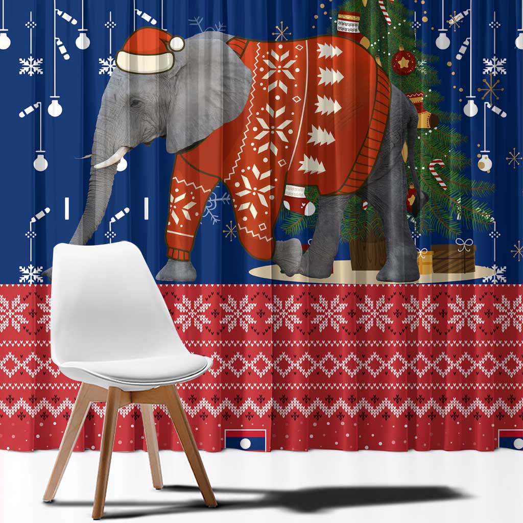 Laos Christmas Window Curtain with Festive Elephant Design and Holiday Village Pattern - Wonder Print Shop
