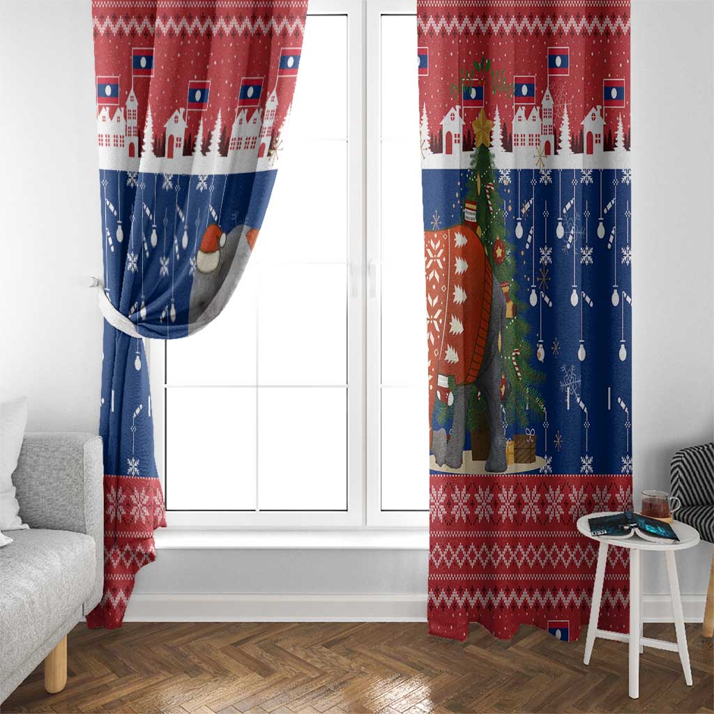 Laos Christmas Window Curtain with Festive Elephant Design and Holiday Village Pattern - Wonder Print Shop