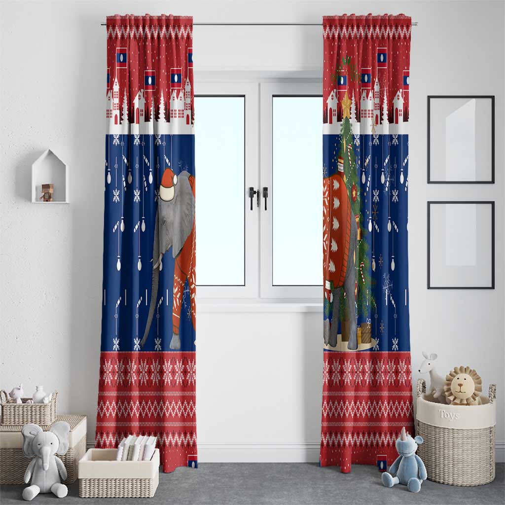 Laos Christmas Window Curtain with Festive Elephant Design and Holiday Village Pattern - Wonder Print Shop