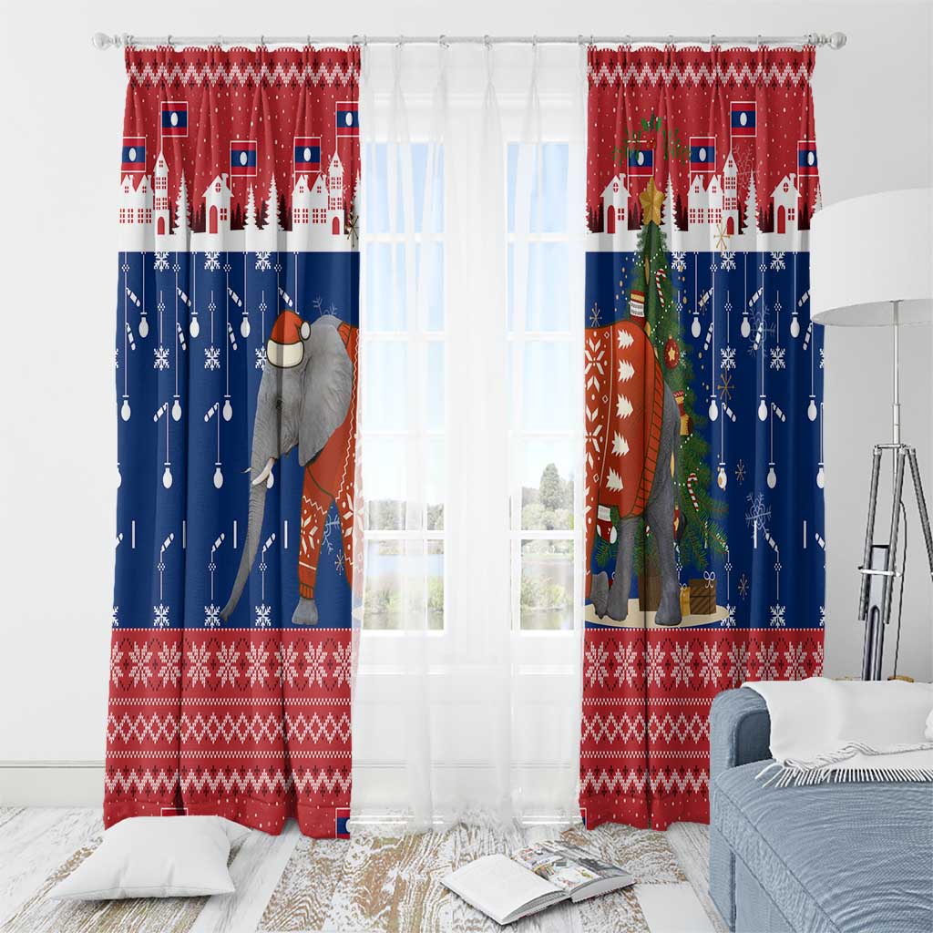 Laos Christmas Window Curtain with Festive Elephant Design and Holiday Village Pattern - Wonder Print Shop