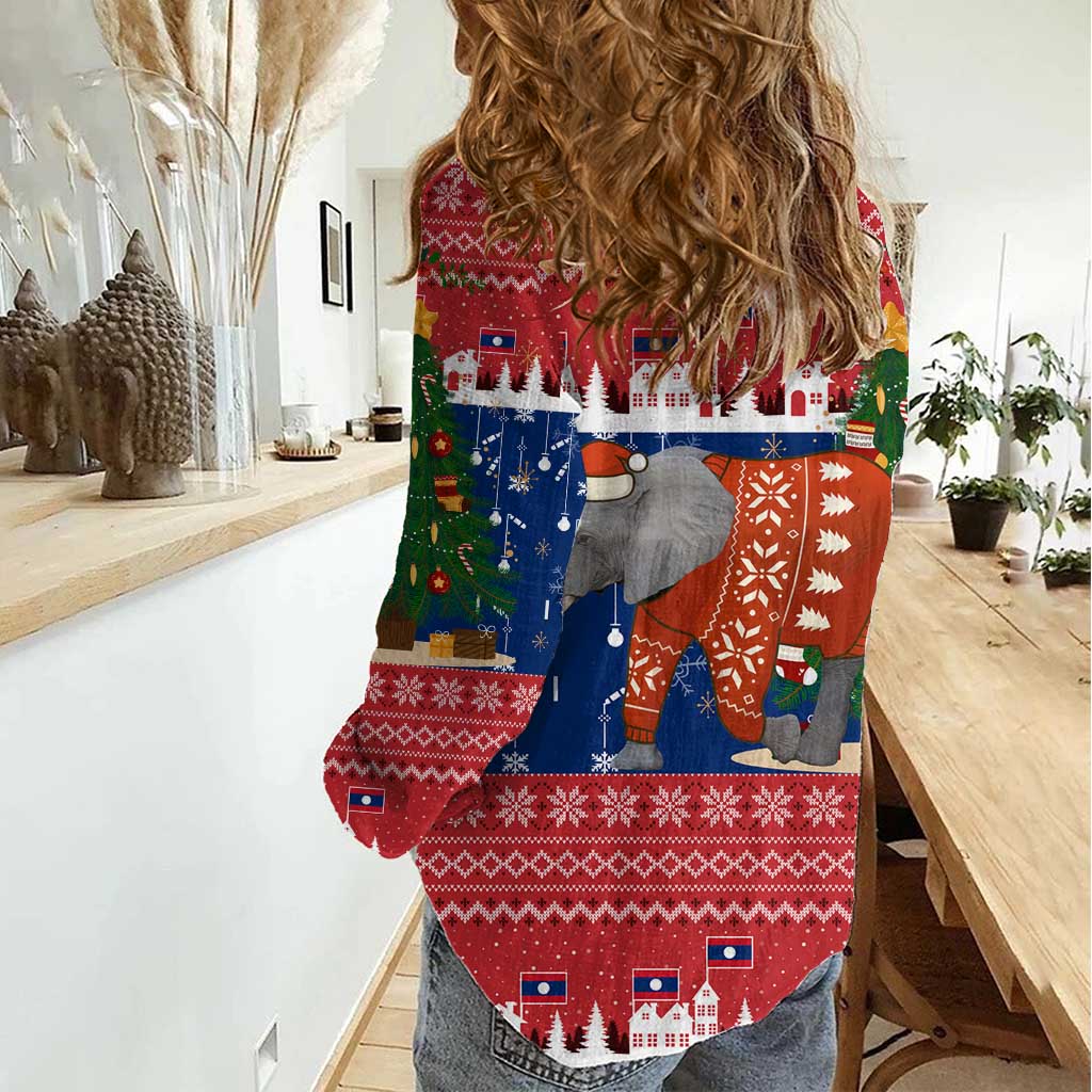 Laos Christmas Women Casual Shirt with Festive Elephant Design and Holiday Village Pattern - Wonder Print Shop